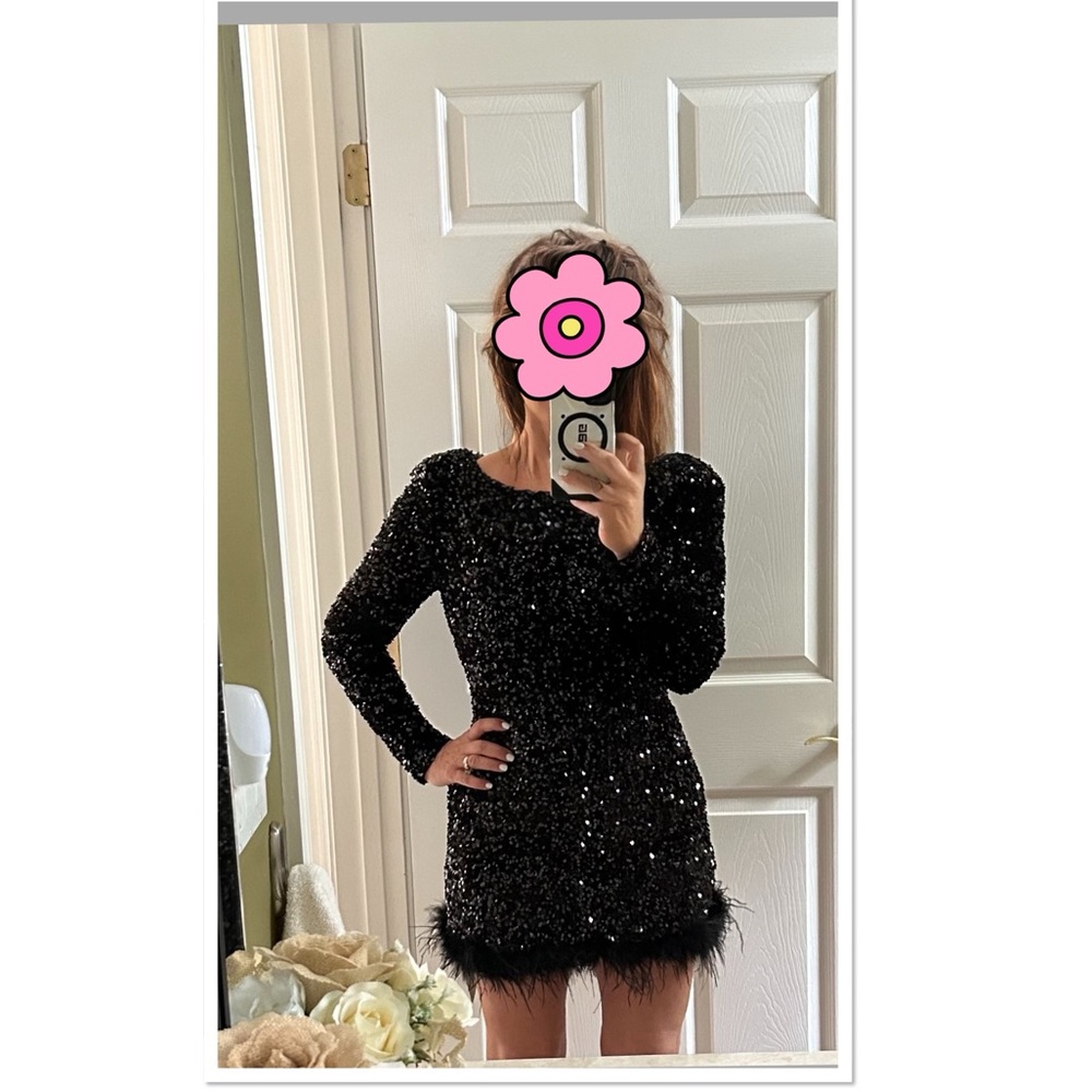 Black Fuzzy Trim Sequin Mini Dress Size S